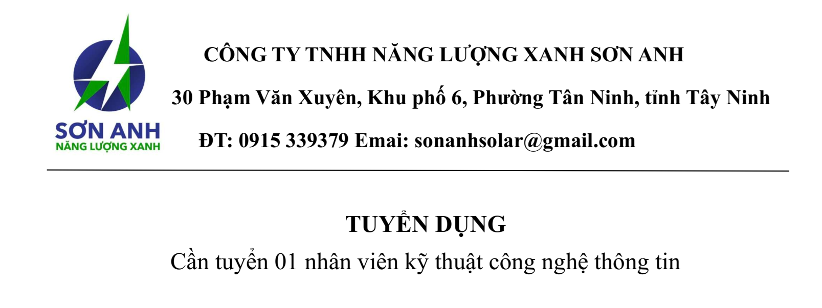 CÔNG TY TNHH NĂNG LƯỢNG XANH SƠN ANH THÔNG BÁO TUYỂN DỤNG